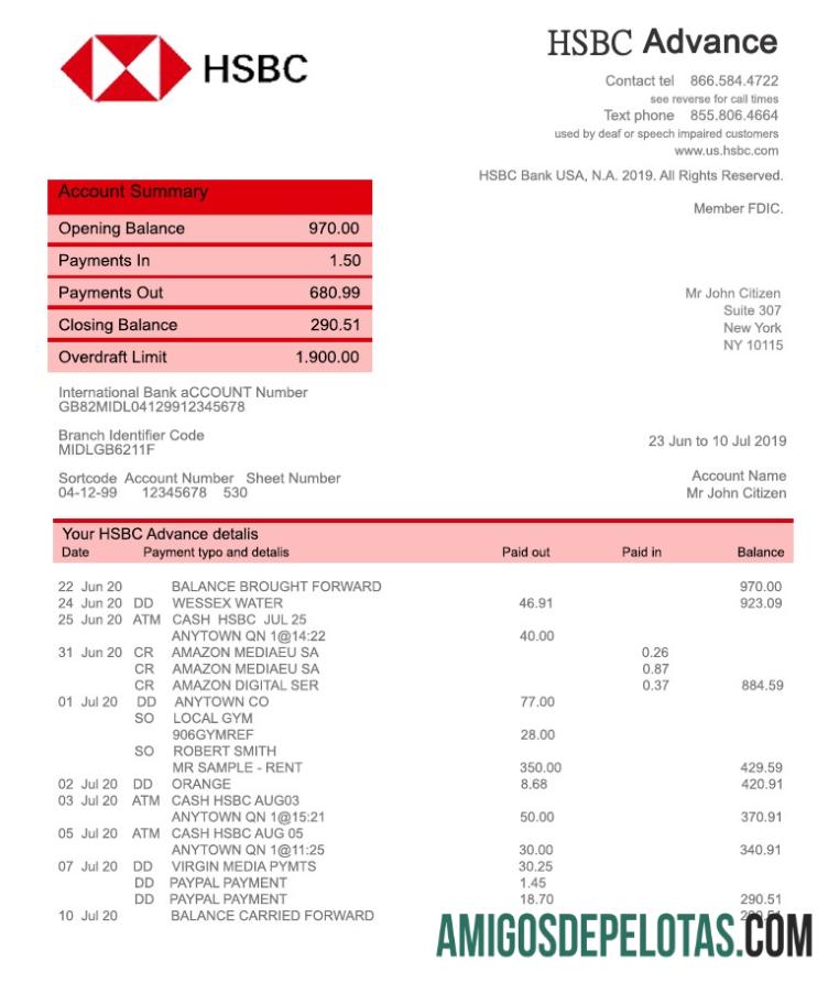 Modelo de extrato bancário HSBC dos EUA em branco, totalmente editável em formato PSD